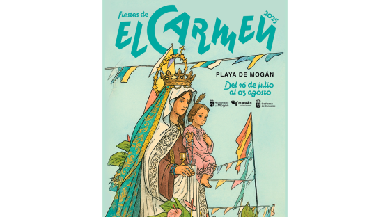 Plakat med Maleri av Virgen del Carmen med jesusbarnet i armene