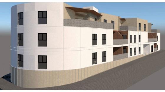 Arkitektskisse av boligbygg utvendig.