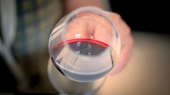 En person holder et glass rødvin mot kamera