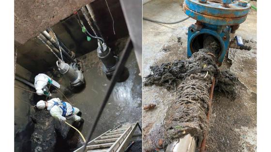Arbeidere i pumpestasjon, og åpnet kloakkpumpe med avfall. 
