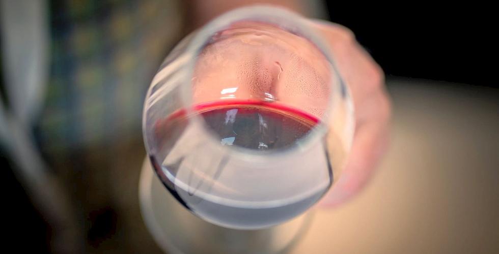 En person holder et glass rødvin mot kamera