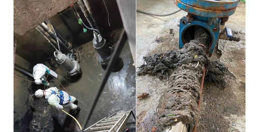 Arbeidere i pumpestasjon, og åpnet kloakkpumpe med avfall. 