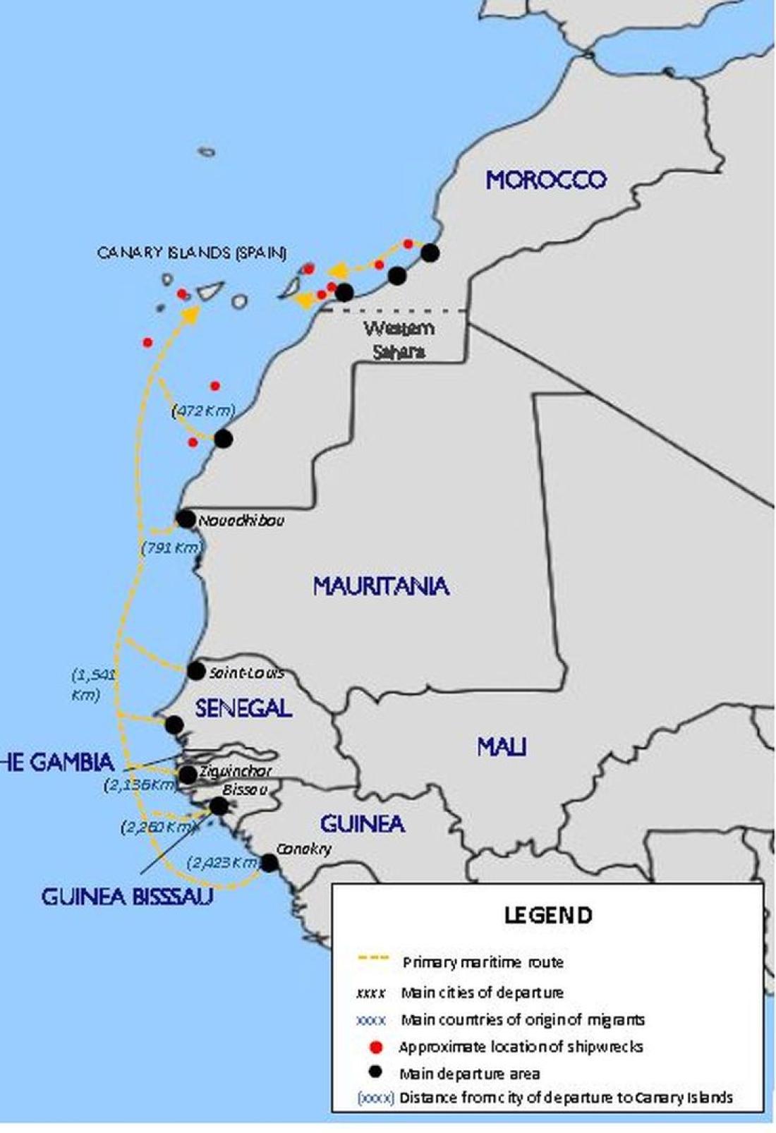 Migrasjonsruter fra Afrika til Kanariøyene.